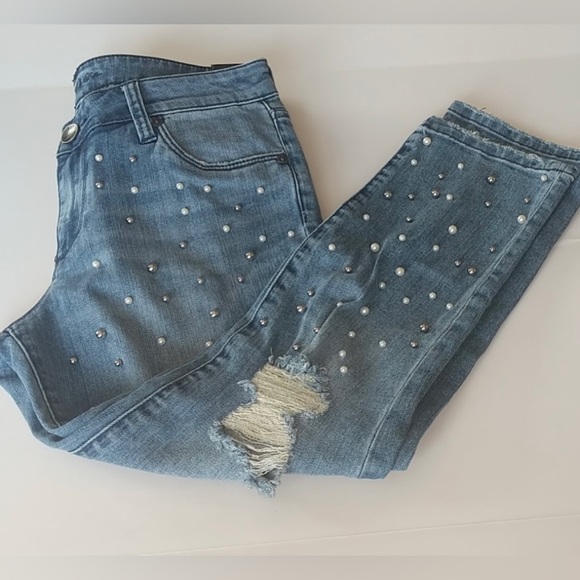 KUT FROM THE KLOTH Distressed Ankle Straight-Leg Jean w/ Pearls & Studs Sz. 4P - Picture 5 of 11